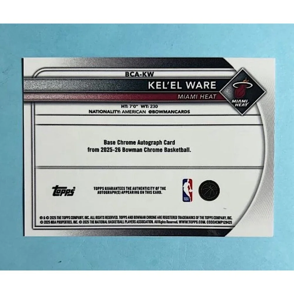 Kel'el Ware,Miami Heat 2025-26 Bowman ChromeTopps Certified Autograph Card#BCAKW